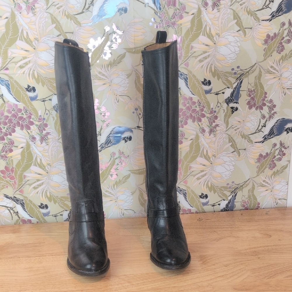 Frye Leather Black Knee High Women's Western Strappy Boots Stacked Heel - Picture 4 of 15